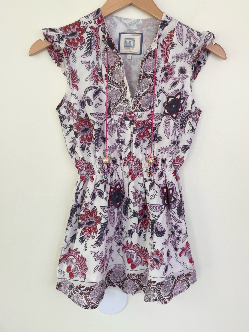 Bell by Alicia Bell Floral Block Print Tassel Ruffle Dress Cotton 8Y Purple Red